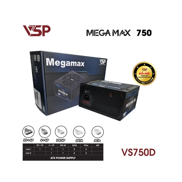 Bộ Nguồn Máy Tính VSP MEGAMAX VS750D (750W / Cybenetics Silver / Active PFC / DC to DC)