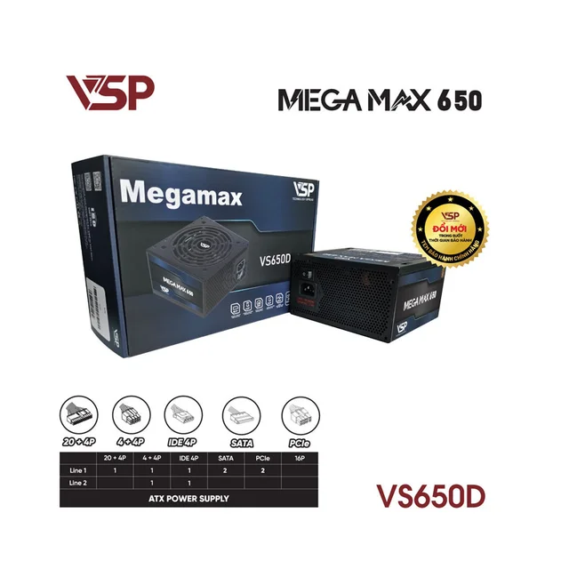 Bộ Nguồn Máy Tính VSP MEGAMAX VS650D (650W / Cybenetics Silver / Active PFC / DC to DC)