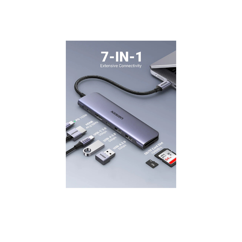 Bộ chuyển đổi USB-C sang 2*USB 3.0+USB-c+HDMI+SD&TF+PD màu xám Ugreen (15214) - Ảnh 2