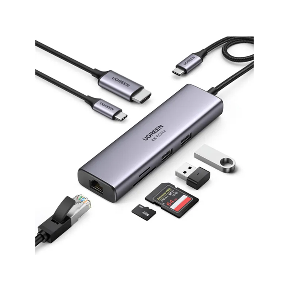 Bộ chuyển đổi USB-C sang 2*USB 3.0+HDMI, RJ45, SD TF và PD hỗ trợ 4K Ugreen ( 60515) - Ảnh 2